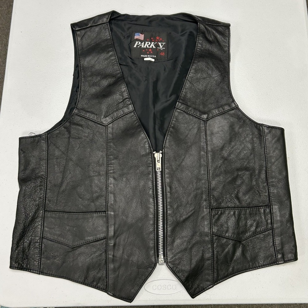 Park V Leather Vest Mens 48 Black Biker Motorcycle Zip Front USA Made